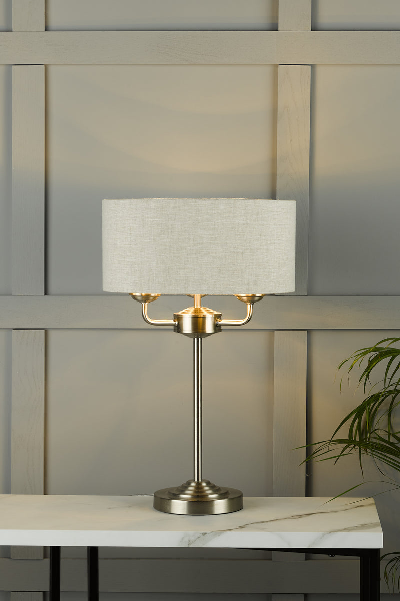 Laura Ashley Sorrento 3lt Table Lamp Satin Nickel With Natural Shade • LA3636753-Q