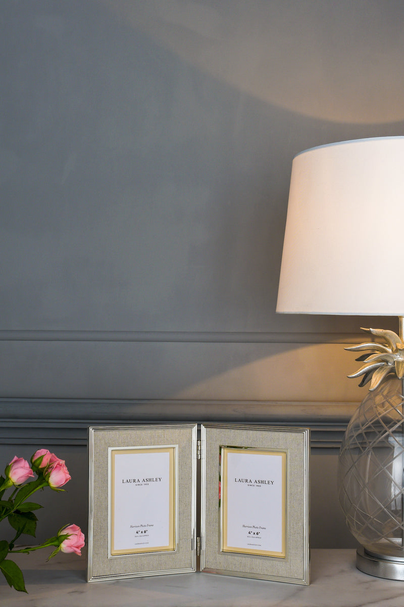 Laura Ashley Harrison Double Photo Frame Polished Silver Linen 4x6" • LA3712479-Q