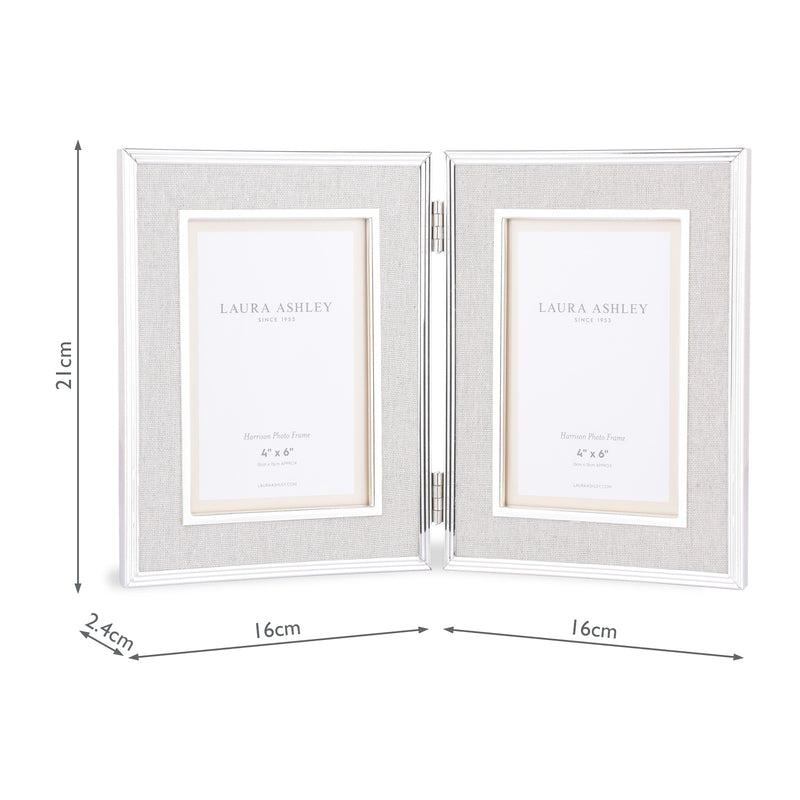 Laura Ashley Harrison Double Photo Frame Polished Silver Linen 4x6" • LA3712479-Q