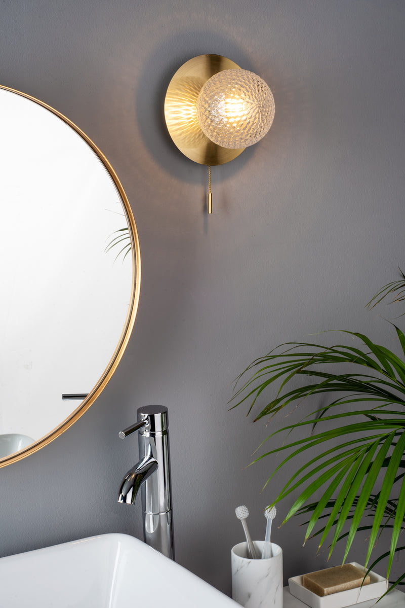 Laura Ashley Prague Bathroom Wall Light Glass Satin Brass IP44 • LA3756111-Q