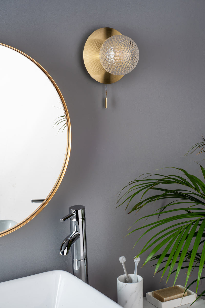 Laura Ashley Prague Bathroom Wall Light Glass Satin Brass IP44 • LA3756111-Q