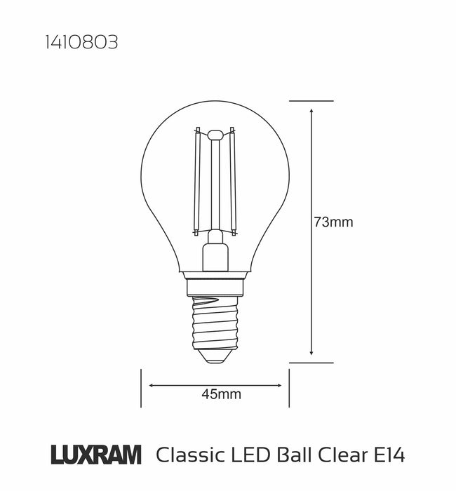 Luxram Value Classic LED Ball E14 Dimmable 4W 4000K Natural White, 470lm, Clear Finish, 3yrs Warranty  • 1410803