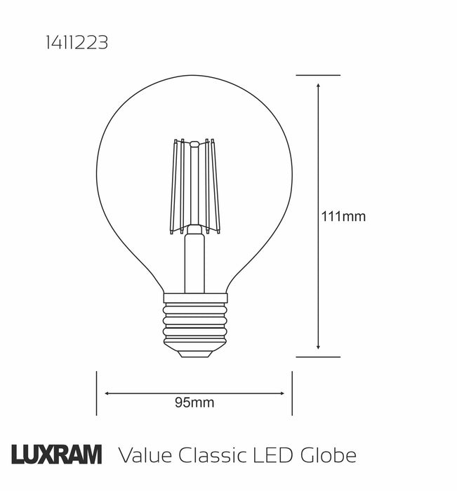 Luxram Classic LED Globe 95mm E27 6.5W 4000K Natural White 806lm Dimmable Clear Finish 3yrs Warranty  • 1411223