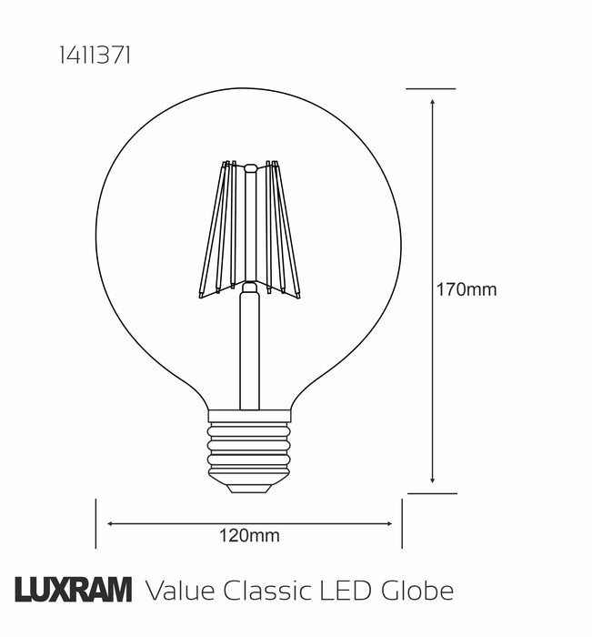 Luxram Classic LED Globe 120mm E27 6.5W 2700K Warm White 806lm Dimmable Clear Finish 3yrs Warranty  • 1411371