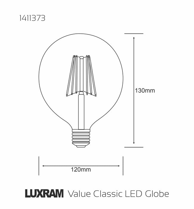 Luxram Classic LED Globe 120mm E27 6.5W 4000K Natural White 806lm Dimmable Clear Finish 3yrs Warranty • 1411373