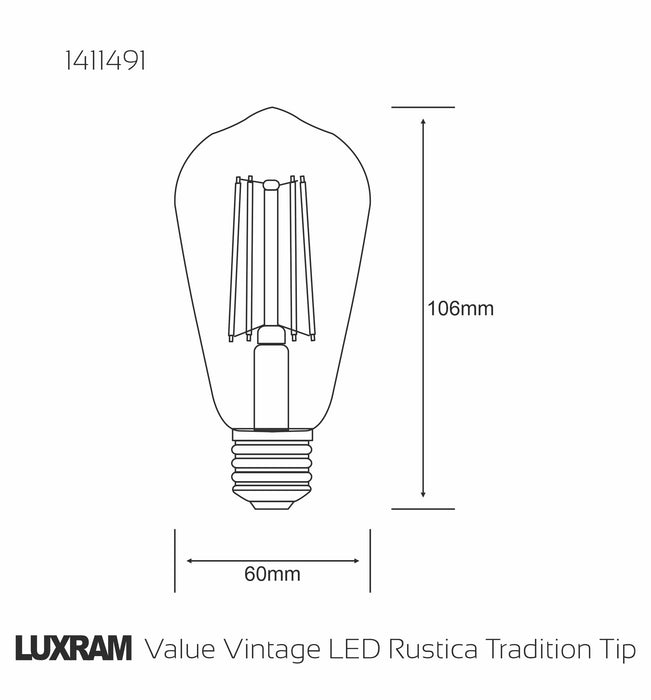 Luxram Value Classic LED Rustica Tradition Tip ST64 E27 6.5W Dimmable 2700K Warm White Clear Finish, 3yrs Warranty • 1411491