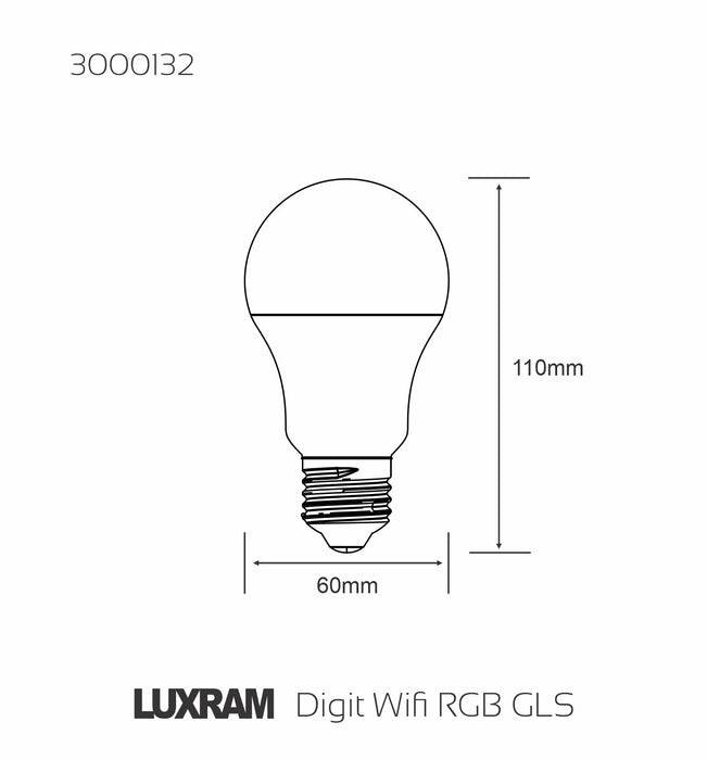 Luxram Digit Wi-Fi LED Smart Lamp,9W E27 GLS, RGB+CCT 2700K-6400K, 806lm, APP Control, Alexa & Google Voice Control, 3yrs Warranty • 3040002