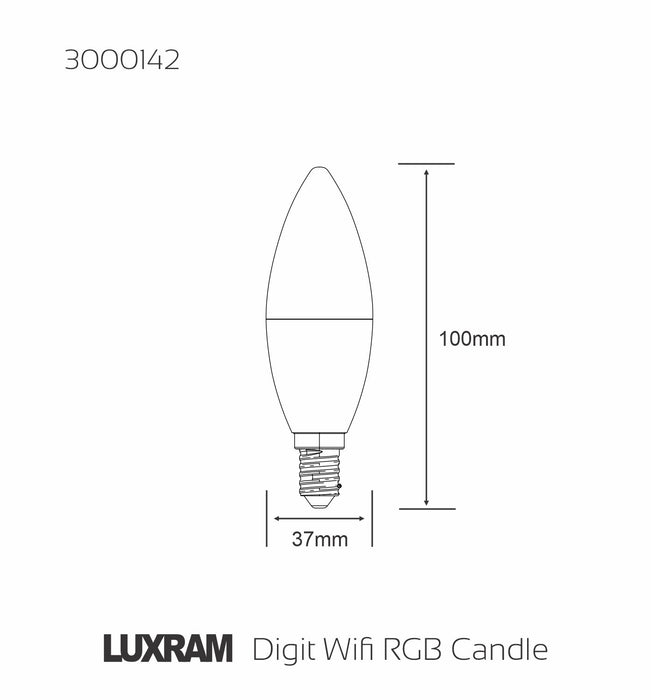 Luxram Digit Wi-Fi LED Smart Lamp,5W E14 Candle, RGB+CCT 2700K-6400K, 350lm, APP Control, Alexa & Google Voice Control, 3yrs Warranty • 3000142