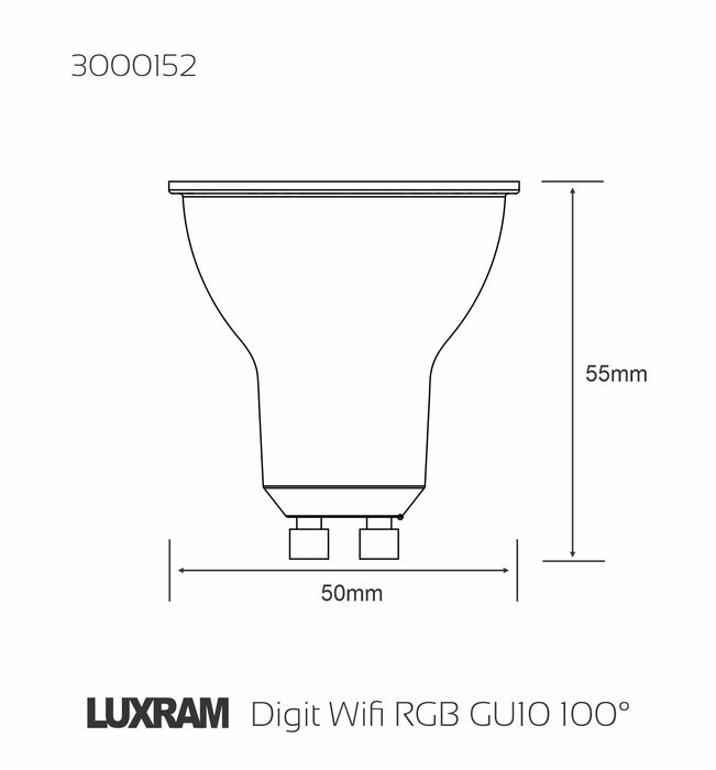 Luxram Digit Wi-Fi LED Smart Lamp,5W GU10 100°, RGB+CCT 2700K-6400K, 300lm, APP Control, Alexa & Google Voice Control, 3yrs Warranty • 3000152