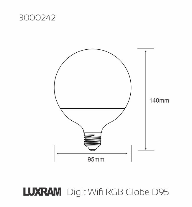 Luxram Digit Wi-Fi LED Smart Lamp,12W E27 Globe 95mm, RGB+CCT 2700K-6400K, 1055lm, APP Control, Alexa & Google Voice Control, 3yrs Warranty  • 3000242