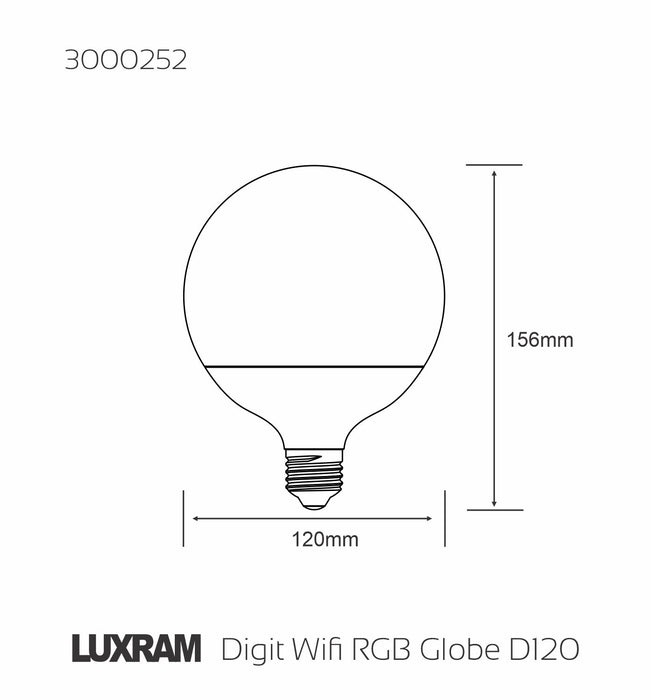 Luxram Digit Wi-Fi LED Smart Lamp,15W E27 Globe 120mm, RGB+CCT 2700K-6400K, 1200lm, APP Control, Alexa & Google Voice Control, 3yrs Warranty  • 3000252