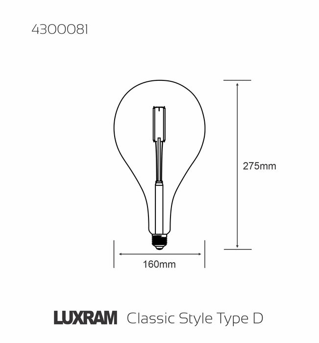 Luxram Classic Style LED Type D E27 Dimmable 220-240V 4W 2100K, 120lm, Smoke Finish, 3yrs Warranty  • 4300081