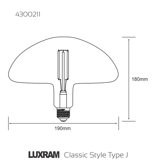 Luxram Classic Style LED Type J E27 Dimmable 220-240V 4W 2100K, 120lm, Smoke Finish, 3yrs Warranty • 4300211