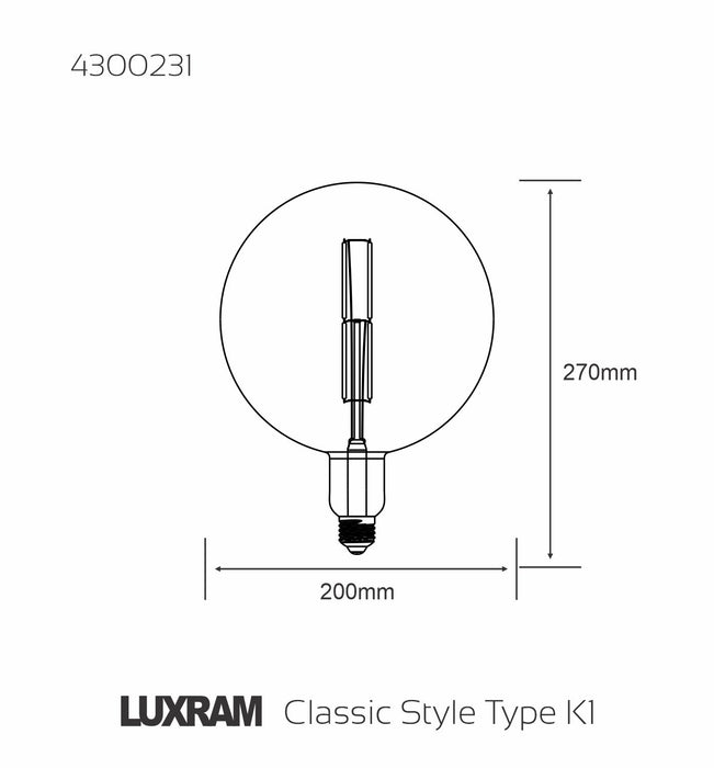 Luxram Classic Style LED Type K1 E27 Dimmable 220-240V 4W 2100K, 120lm, Smoke Finish, 3yrs Warranty • 4300231