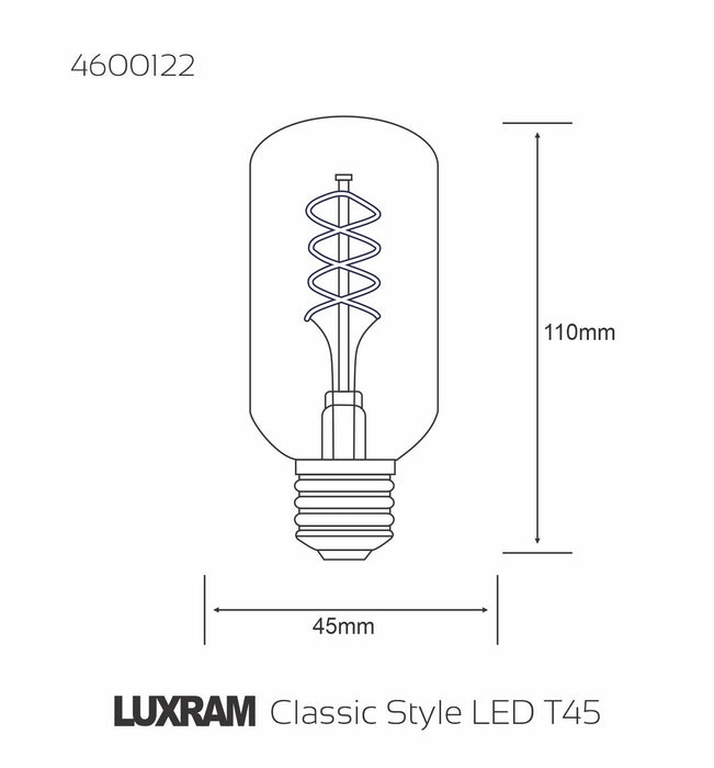 Luxram Classic Style LED T45 E27 Dimmable Ø45x110mm 4W 2100K, 200lm, Amber Finish, 3yrs Warranty (3LT519E) • 4600122