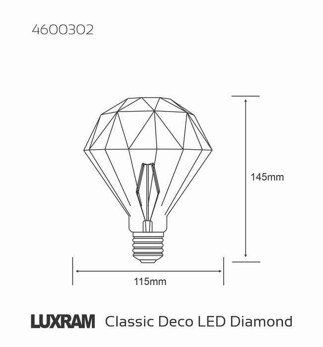 Luxram Classic Style LED Diamond E27 Dimmable 220-240V 4W 2100K, 200lm, Amber Finish, 3yrs Warranty • 4600302