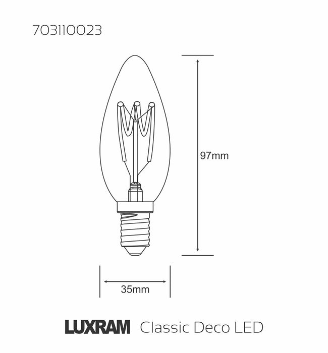 Luxram Classic Deco LED Candle/W E14 Non-Dimmable 2W Warm White 1800K, 100lm, Gold Finish, 3yrs Warranty • 703111023