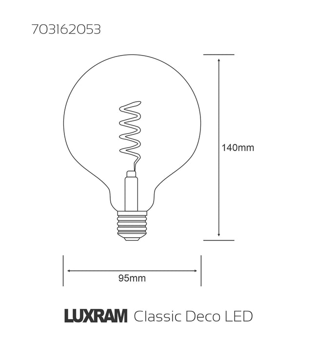 Luxram Classic Deco LED Globe 95mm/S E27 Dimmable 5W 1800K Extra Warm White, 280lm, Gold Finish, 3yrs Warranty • 703162053