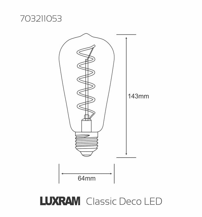 Luxram Classic Deco LED Rustica Tradition Tip/S ST64 ST64 E27 Dimmable 5W 1800K Extra Warm White, 280lm, Gold Finish, 3yrs Warranty • 703211053