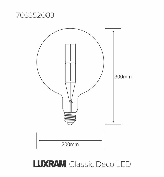 Luxram Classic Deco LED Globe 200mm Globe H Filament E27 Dimmable 8W Warm White 1800K, 630lm, Gold Finish, 5yrs Warranty • 703352083