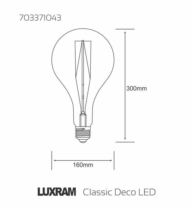 Luxram Classic Deco LED GLS Xl Pear Shaped A160 M Filament E27 Dimmable 8W 1800K Extra Warm White, 630lm, Gold Finish, 5yrs Warranty • 703372083