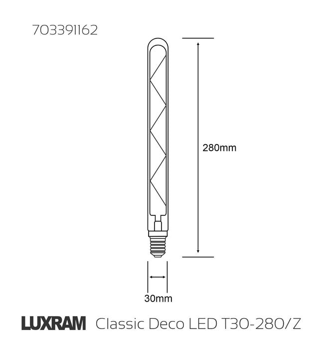 Luxram Classic Deco LED 280mm Tubular E14 Dimmable 6W 4000K Natural White, 500lm, Clear Glass, 3yrs Warranty  • 703391162