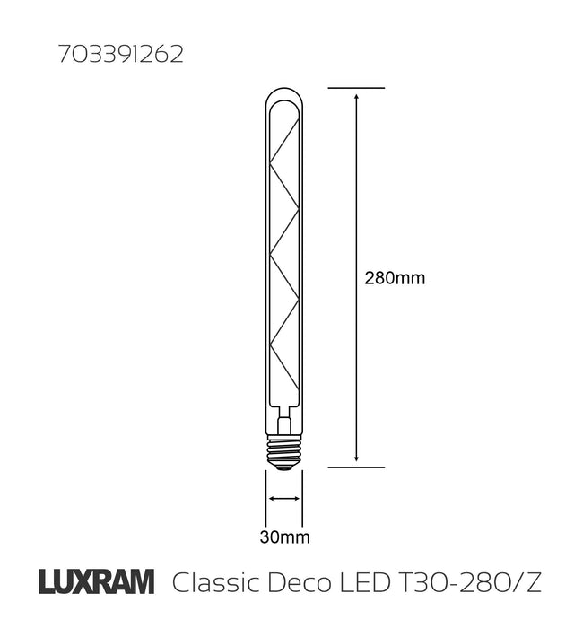 Luxram Classic Deco LED 280mm Tubular E27 Dimmable 6W 4000K Natural White, 500lm, Clear Glass, 3yrs Warranty • 703391262