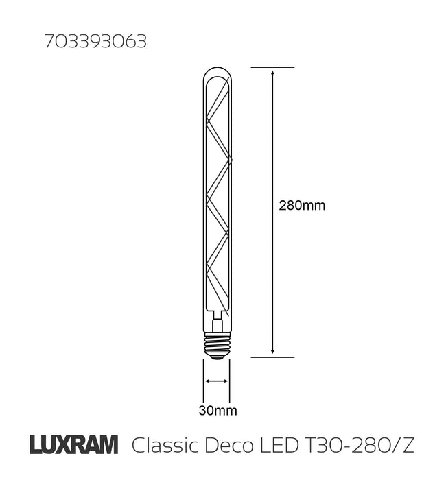 Luxram Classic Deco LED 280mm Tubular E27 Dimmable 6W 1800K Extra Warm White, 500lm, Gold Finish, Colour Box, 3yrs Warranty • 703393063