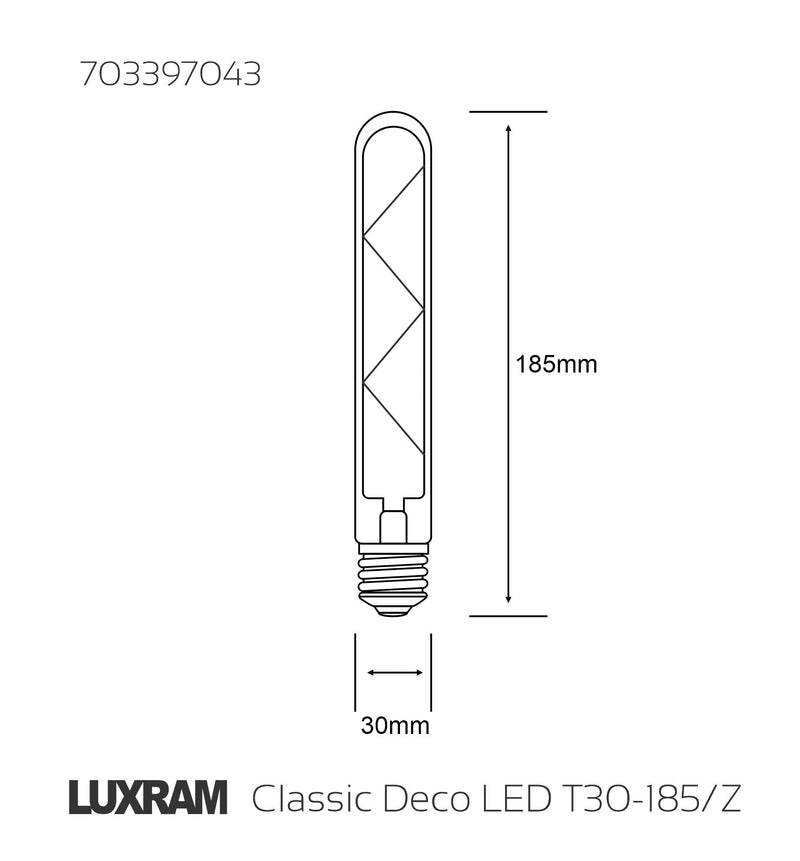 Luxram Classic Deco LED 185mm Tubular E27 Dimmable 4W 2700K Warm White, 300lm, Clear Glass, 3yrs Warranty  • 703397043