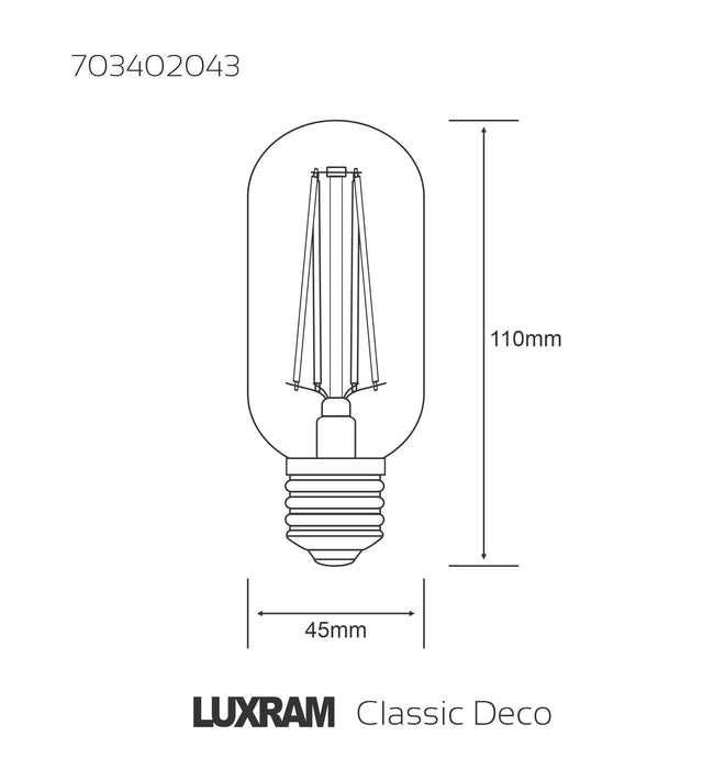 Luxram Classic Deco T45 LED 2700K Warm White E27 4W Dimmable Clear Glass Ø45x110mm (straight filament) 3yrs Warranty • 703402043