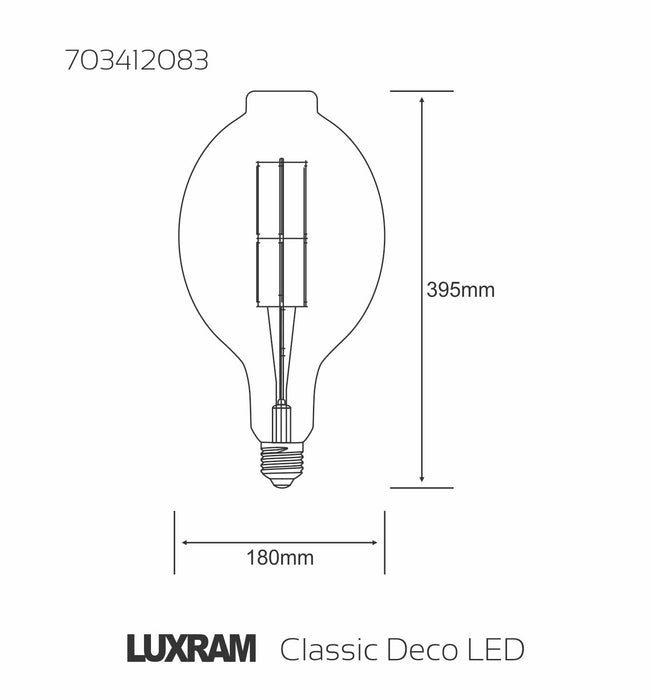 Luxram Classic Deco LED Bulged Tubular BT180 H Filament E27 Dimmable 8W Warm White 1800K, 630lm, Gold Finish, 5yrs Warranty • 703412083