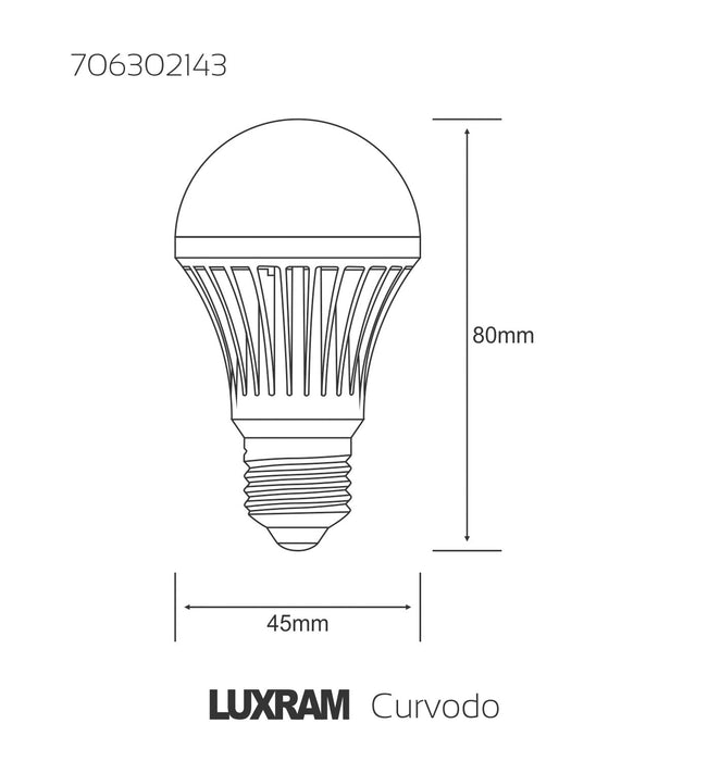 Luxram  Curvodo LED GLS Dimmable E27 7W Warm White 2700K 600lm   • 706302143