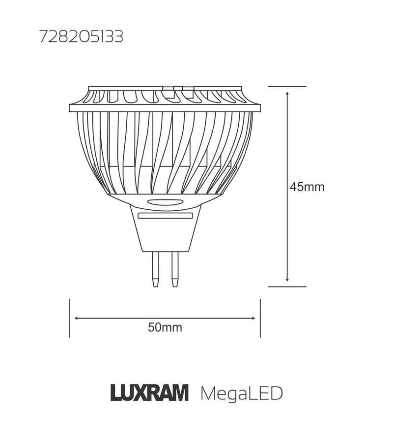 Luxram  MegaLED MR16 12V 6.5W Warm White 2700K 60° 410lm (White)  • 728205133