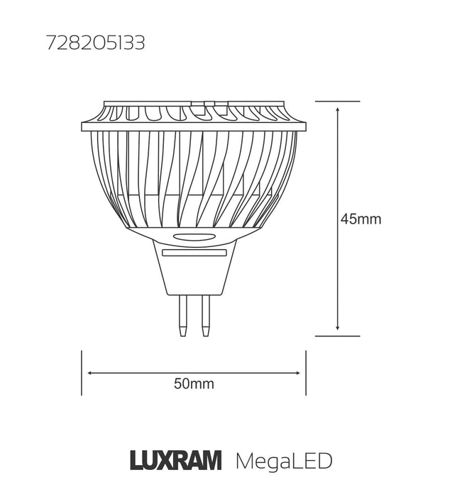 Luxram  MegaLED MR16 12V 6.5W Warm White 2700K 60° 410lm (White)  • 728205133