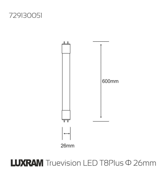 Luxram  Truevision LED T8 Plus 26mm 0.6m G13 12W White 6400K 270° 1200lm  • 729130051