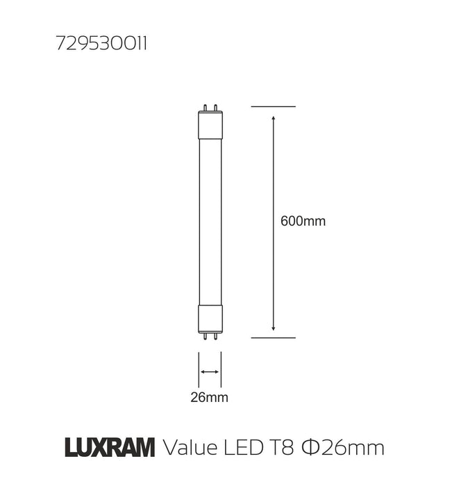 Luxram  Value LED T8 G13 0.6m 11W White 6400K 800lm  • 729530011