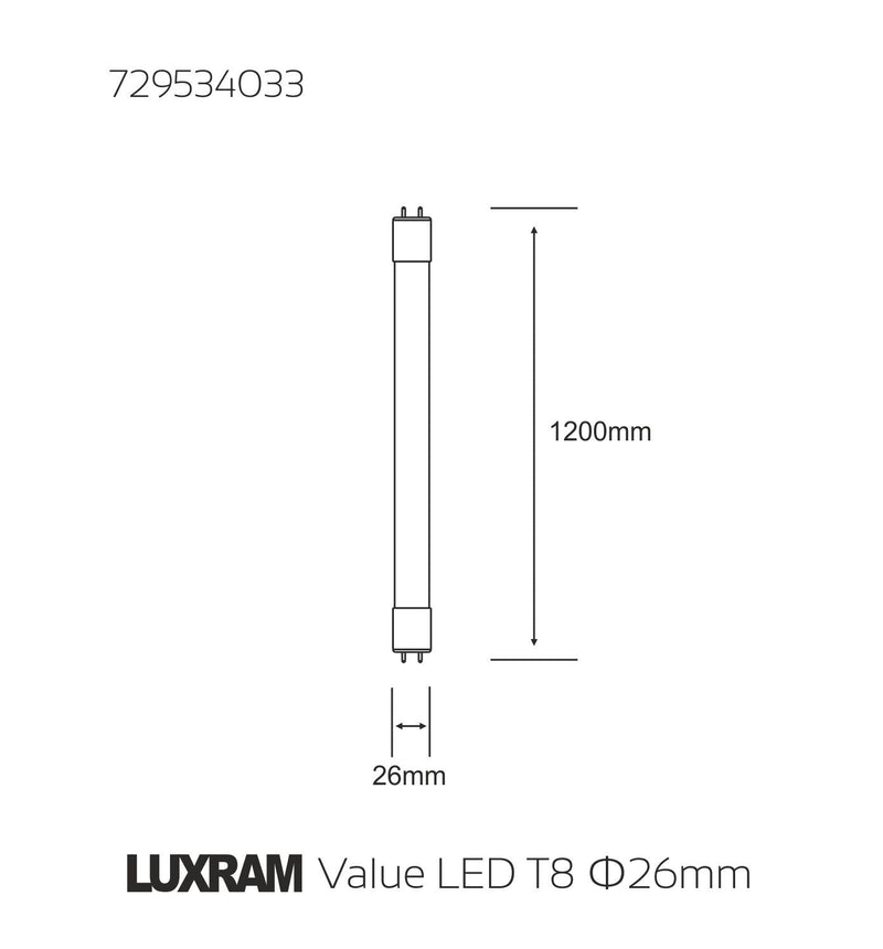 Luxram  Value LED T8 G13 1.2m 18W Warm White 2700K 1200lm  • 729534033