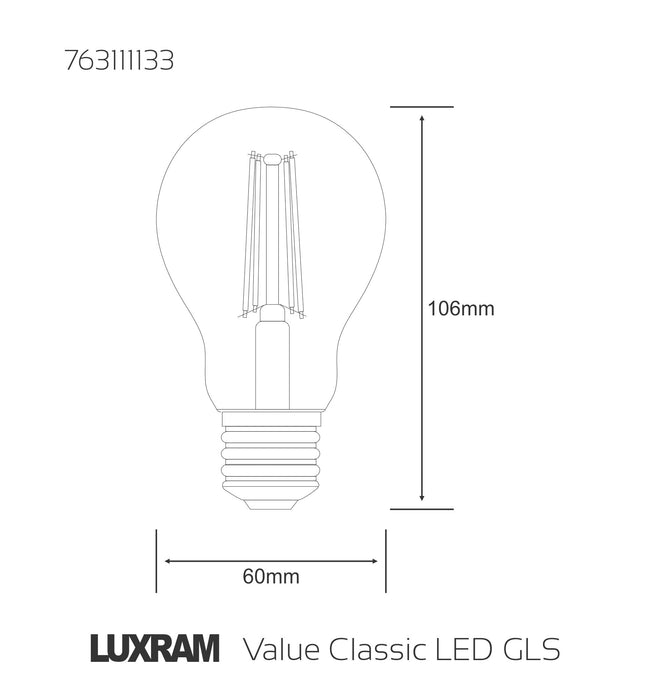Luxram Value Classic LED GLS E27 4W Warm White 2700K, 470lm, Clear Finish • 763111133