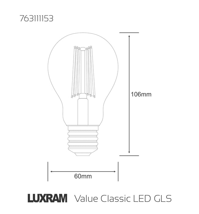 Luxram Value Classic LED GLS E27 6.5W Warm White 2700K, 806lm, Clear Finish • 763111153