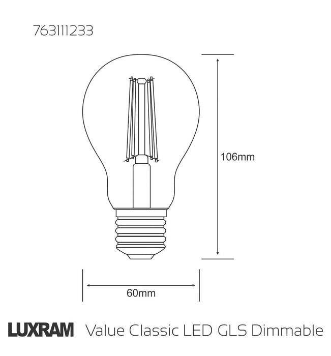 Luxram Value Classic LED GLS E27 Dimmable 4W Warm White 2700K, 470lm, Clear Finish • 763111233
