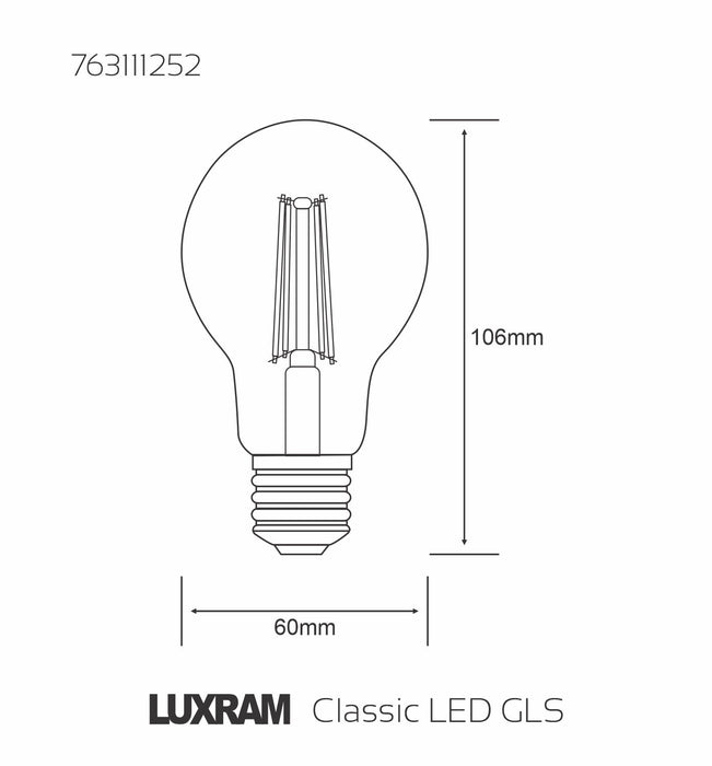 Luxram Value Classic LED GLS E27 Dimmable 6.5W Cool White 4000K, 806lm, Clear Finish, 3yrs Warranty • 763111252