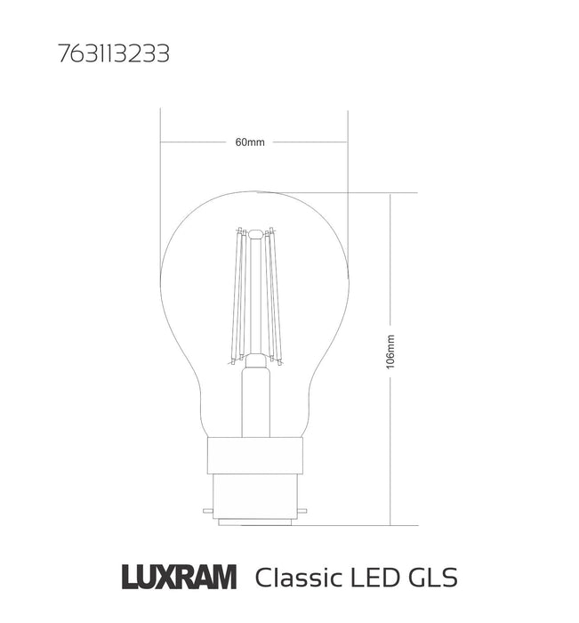 Luxram Value Classic LED GLS B22d Dimmable 4W Warm White 2700K, 470lm, Clear Finish • 763113233