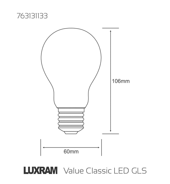 Luxram Value Classic LED GLS E27 4W Warm White 2700K, 470lm, Frosted Finish • 763131133
