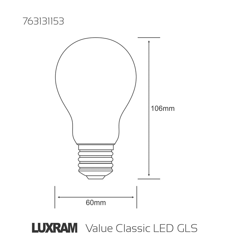 Luxram Value Classic LED GLS E27 6.5W Warm White 2700K, 806lm, Frosted Finish • 763131153