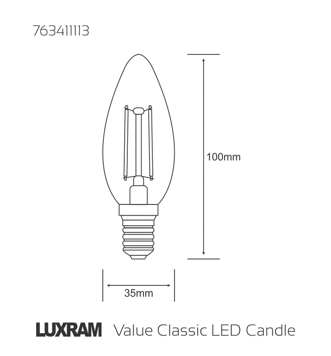 Luxram Value Classic LED Candle E14 2W Warm White 2700K, 250lm, Colour-Box (Clear) , 3yrs Warranty • 763411113