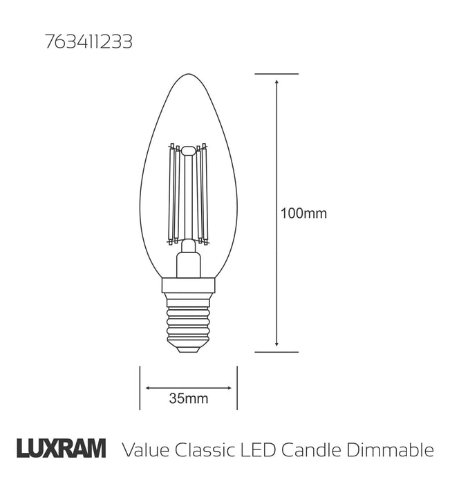 Luxram Value Classic LED Candle E14 Dimmable 4W 2700K Warm White, 400lm, Clear Finish • 763411233