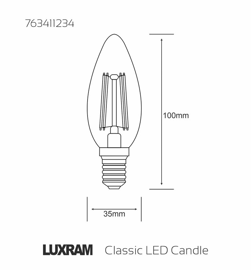 Luxram Value Classic LED Candle E14 Dimmable 4W 3000K Warm White, 470lm, Clear Finish, 3yrs Warranty  • 763411234