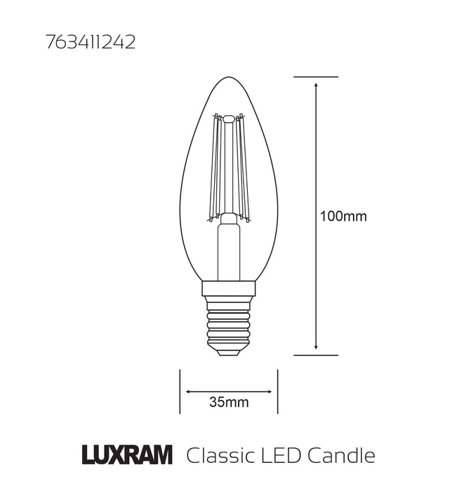 Luxram Value Classic LED Candle E14 Dimmable 5.5W 4000K Natural White, 600lm, Clear Finish, 3yrs Warranty • 763411242