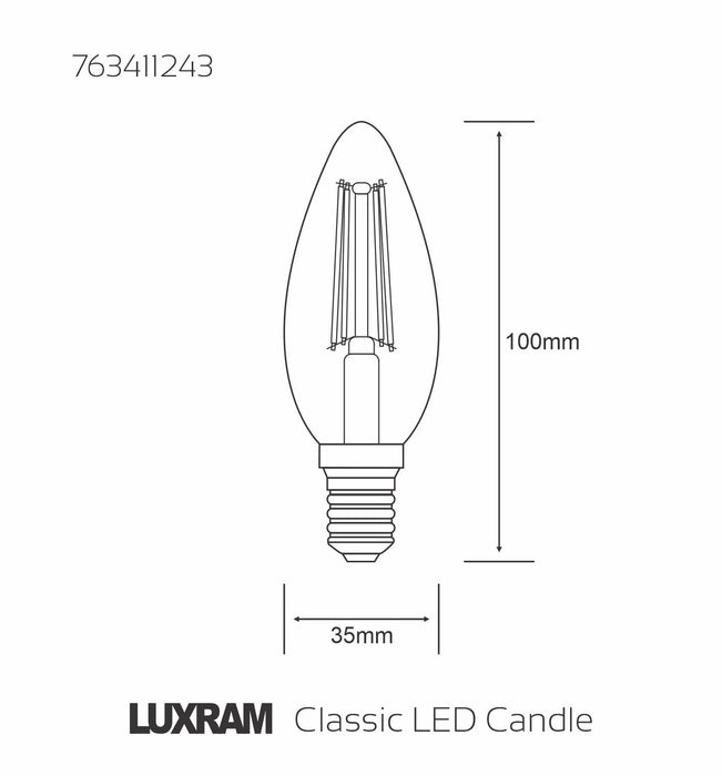 Luxram Value Classic LED Candle E14 Dimmable 5.5W 2700K Warm White, 600lm, Clear Finish, 3yrs Warranty  • 763411243