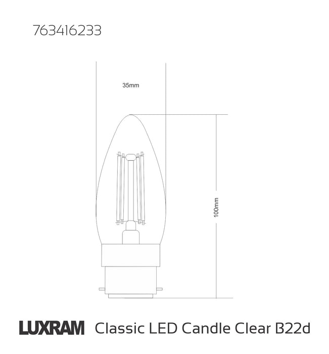 Luxram Value Classic LED Candle B22d Dimmable 4W Warm White 2700K, 400lm, Clear Finish, 3yrs Warranty • 763416233